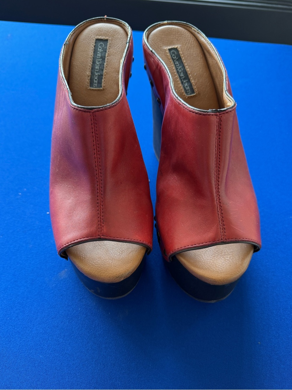 Calvin Klein Jeans Red Leather Open-Toe Mules